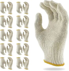 Cotton String Knit Gloves Pack of 12 Pairs. 10 Inch Size Safety Work Gloves Beige Color with Yellow Edge Line. Cotton Work Gloves for Cooking; Barbecu